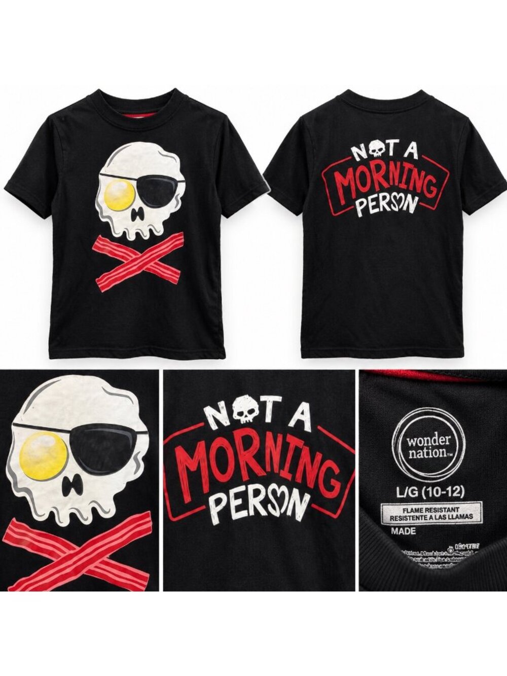 Wonder Nation Kids L 10–12 Skull “Not a Morning Person” T-Shirt – Black